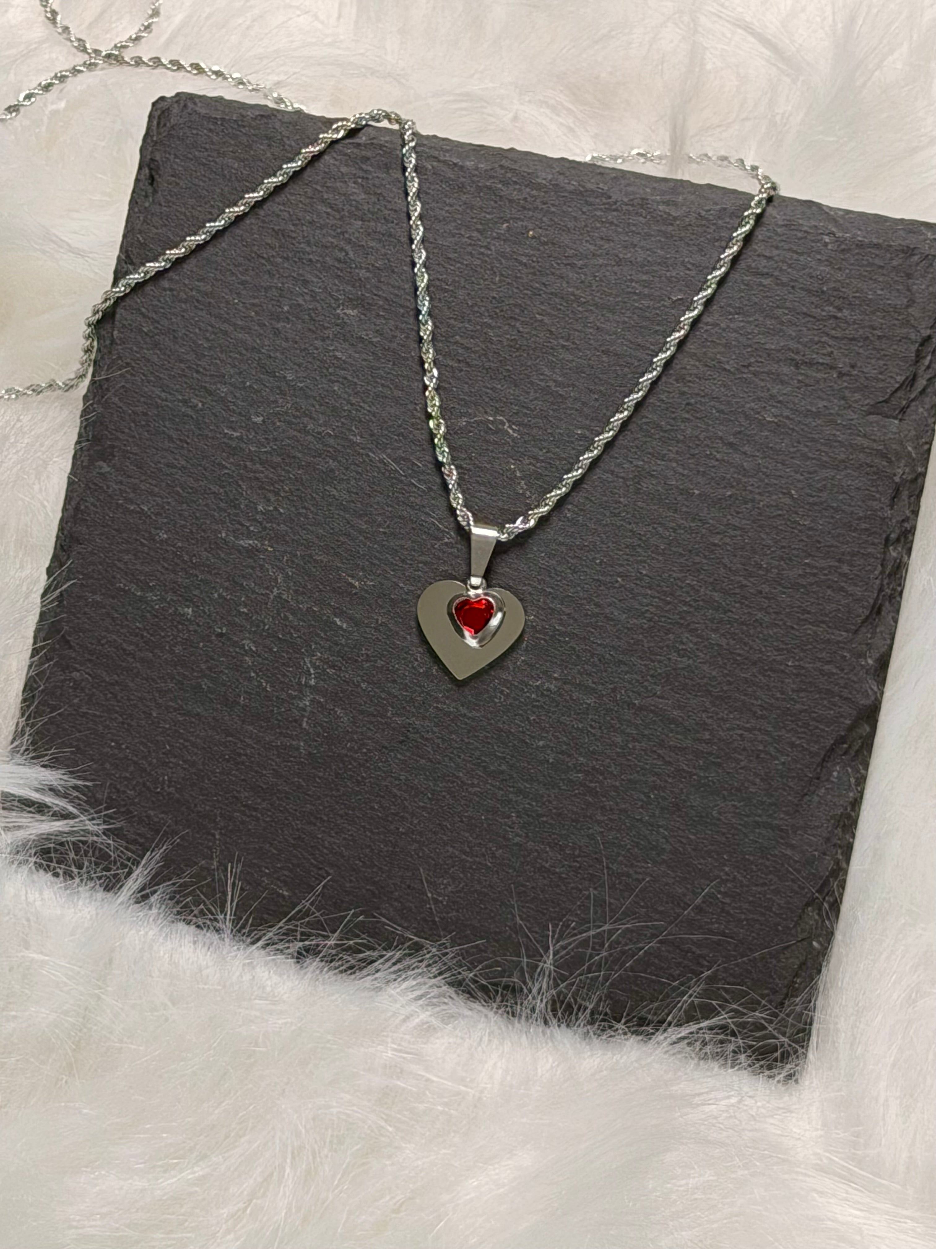 Heart Pendant Necklace with Couple Silhouette in Stainless Steel