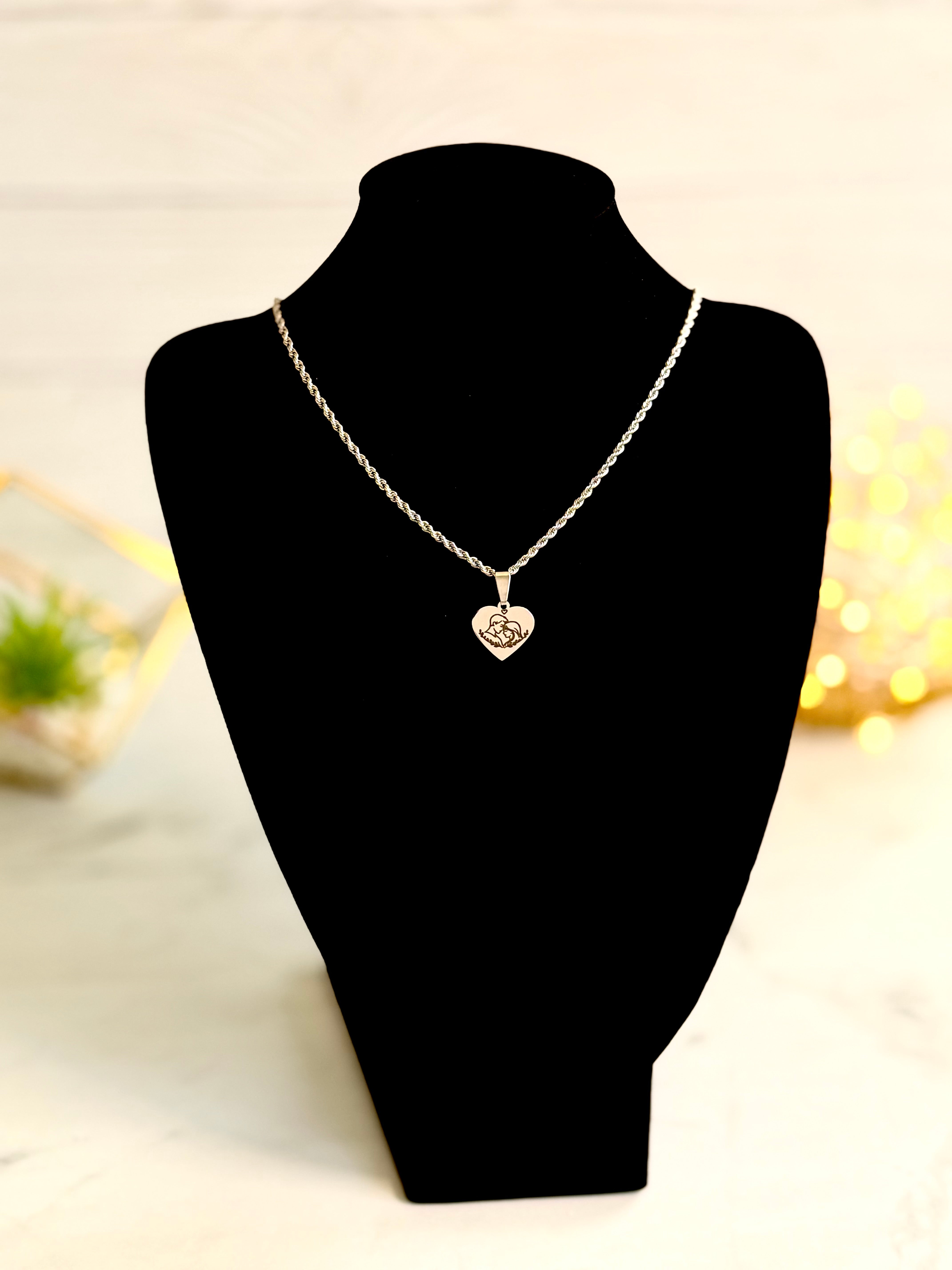 Heart Pendant Necklace with Couple Silhouette in Stainless Steel