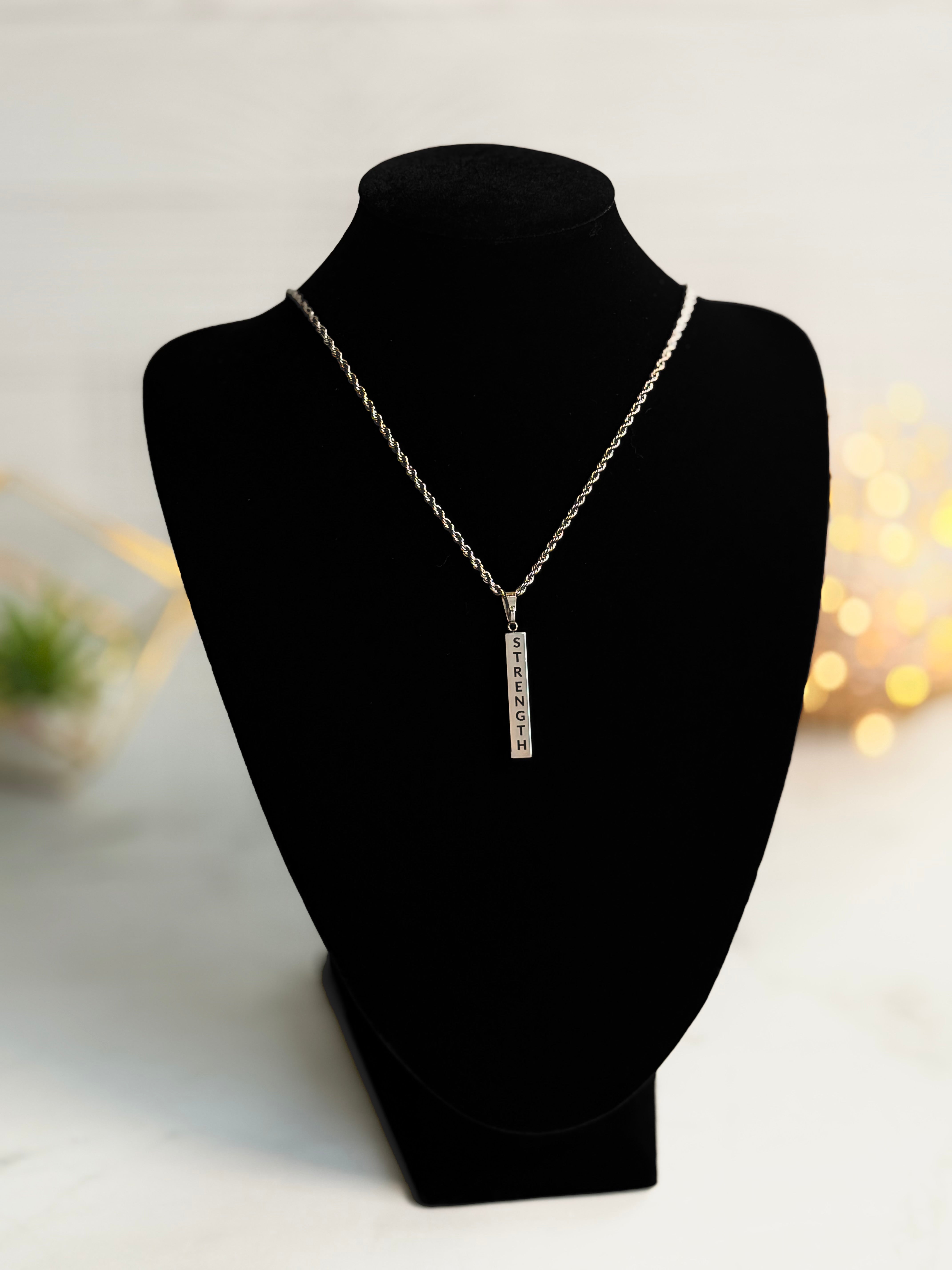 Bar Pendant Necklace – “Strength” in Stainless Steel