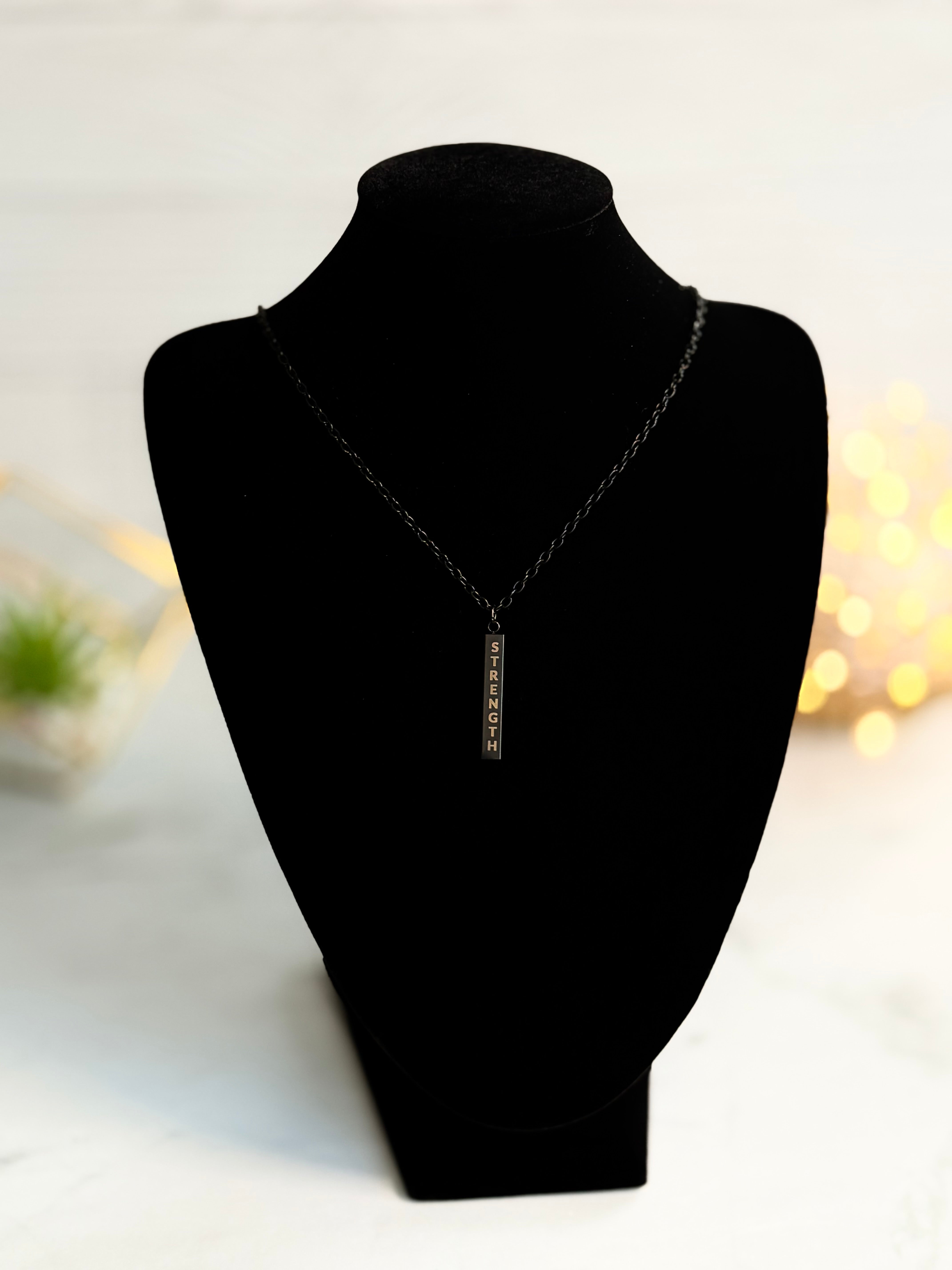 Bar Pendant Necklace – “Strength” in Stainless Steel