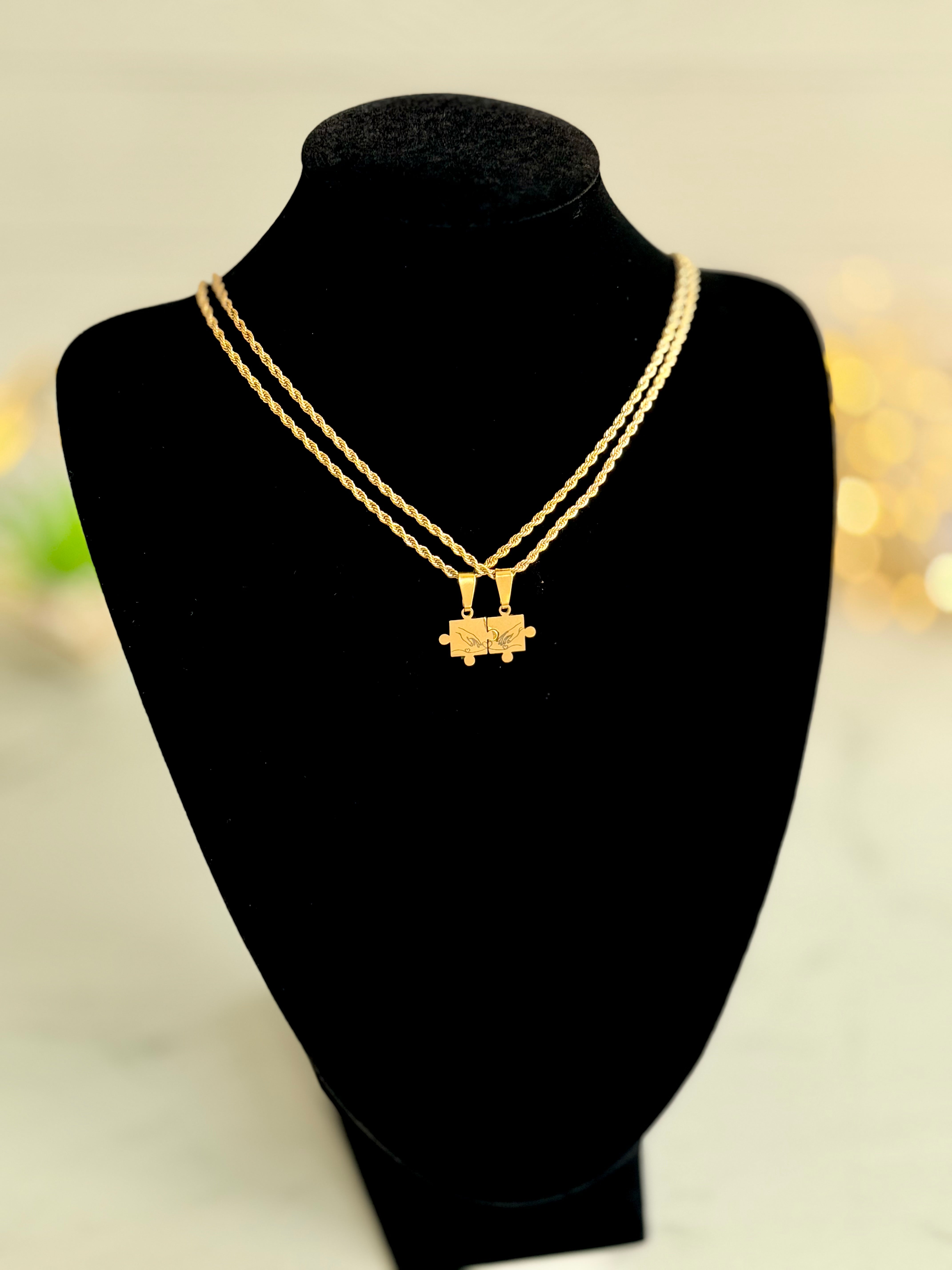 Connected Hands Design Puzzle Necklace Set in Stainless Steel
