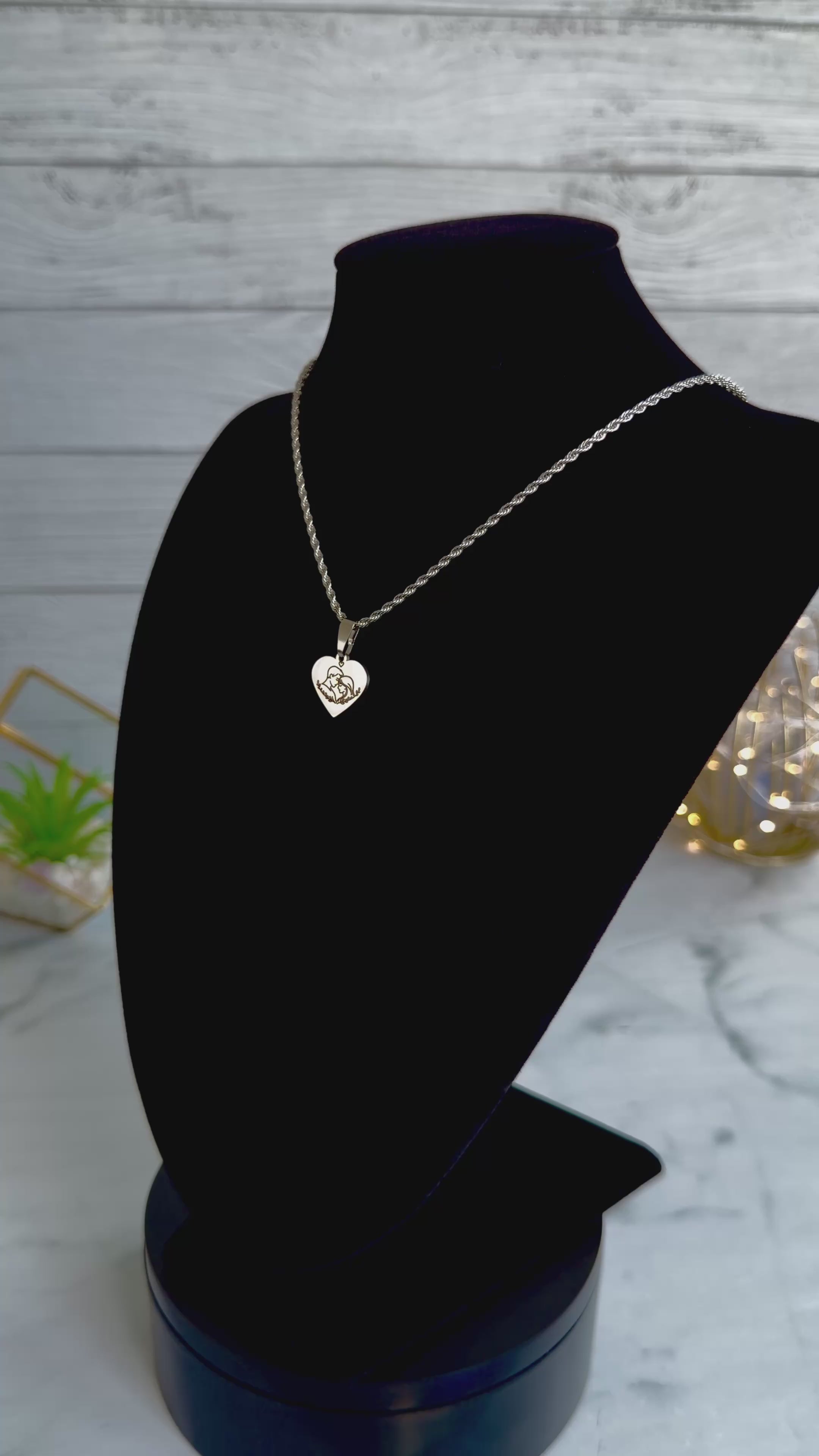 Heart Pendant Necklace with Couple Silhouette in Stainless Steel