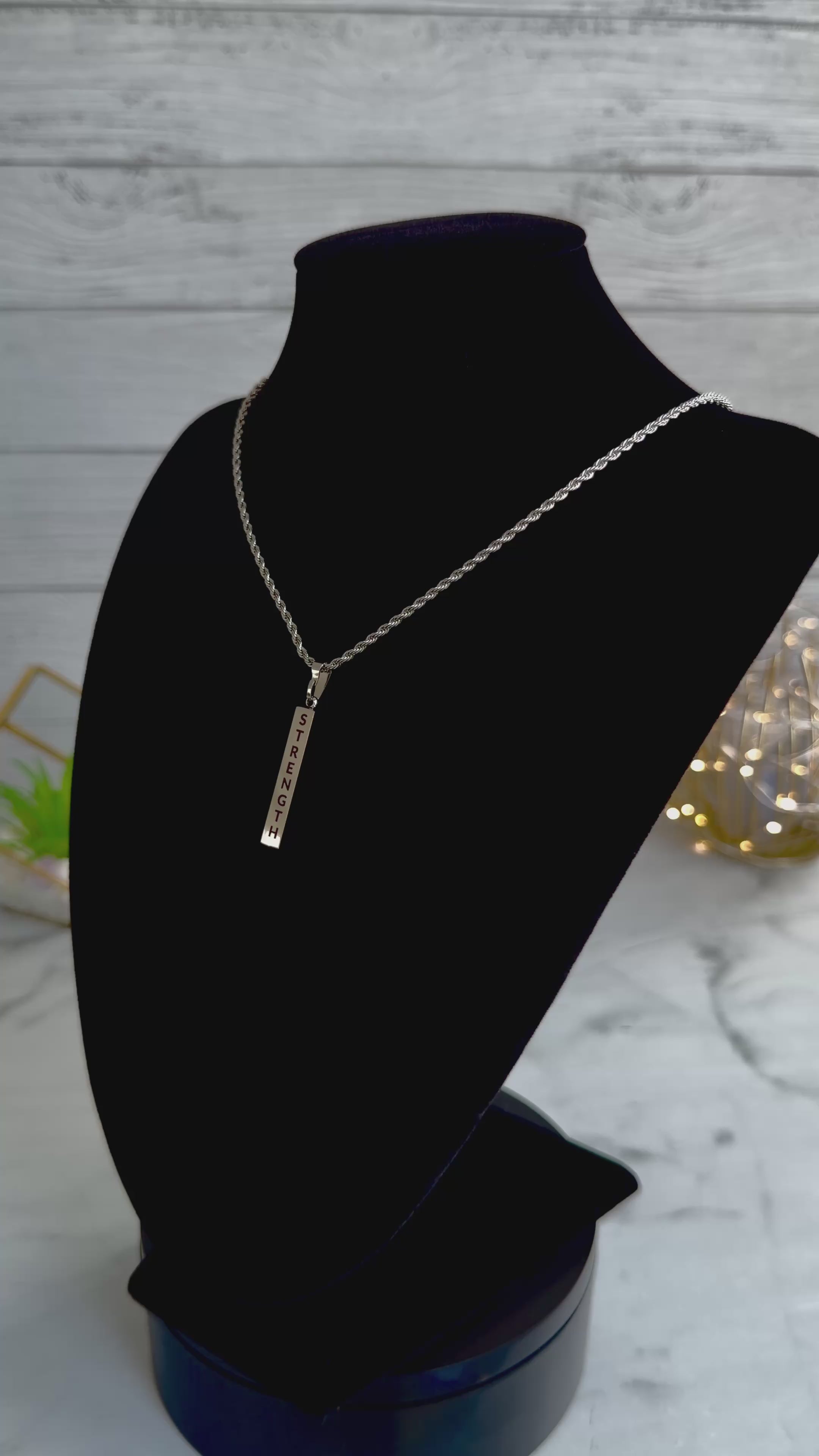 Bar Pendant Necklace – “Strength” in Stainless Steel